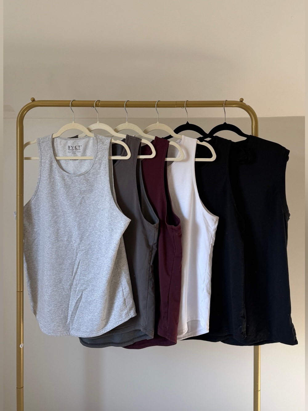 Lot of 6 Men’s BYLT Drop Cut Lux Tanks: Gray Charcoal Burgundy White Black Sz L